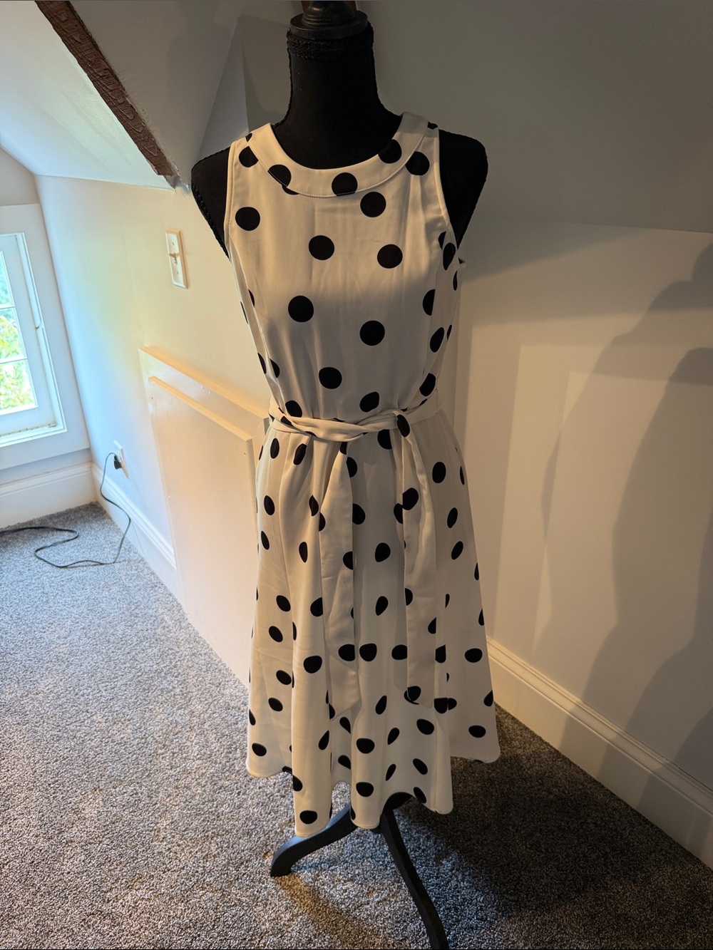 Ann Taylor White Sleeveless Polka Dot Dress with Self Tie Belt